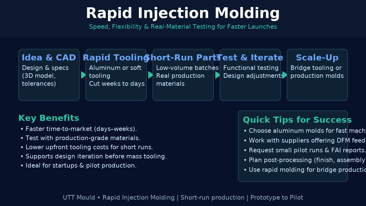Rapid injection molding process flow: idea, rapid tooling (aluminum), short-run parts, test & iterate, scale-up