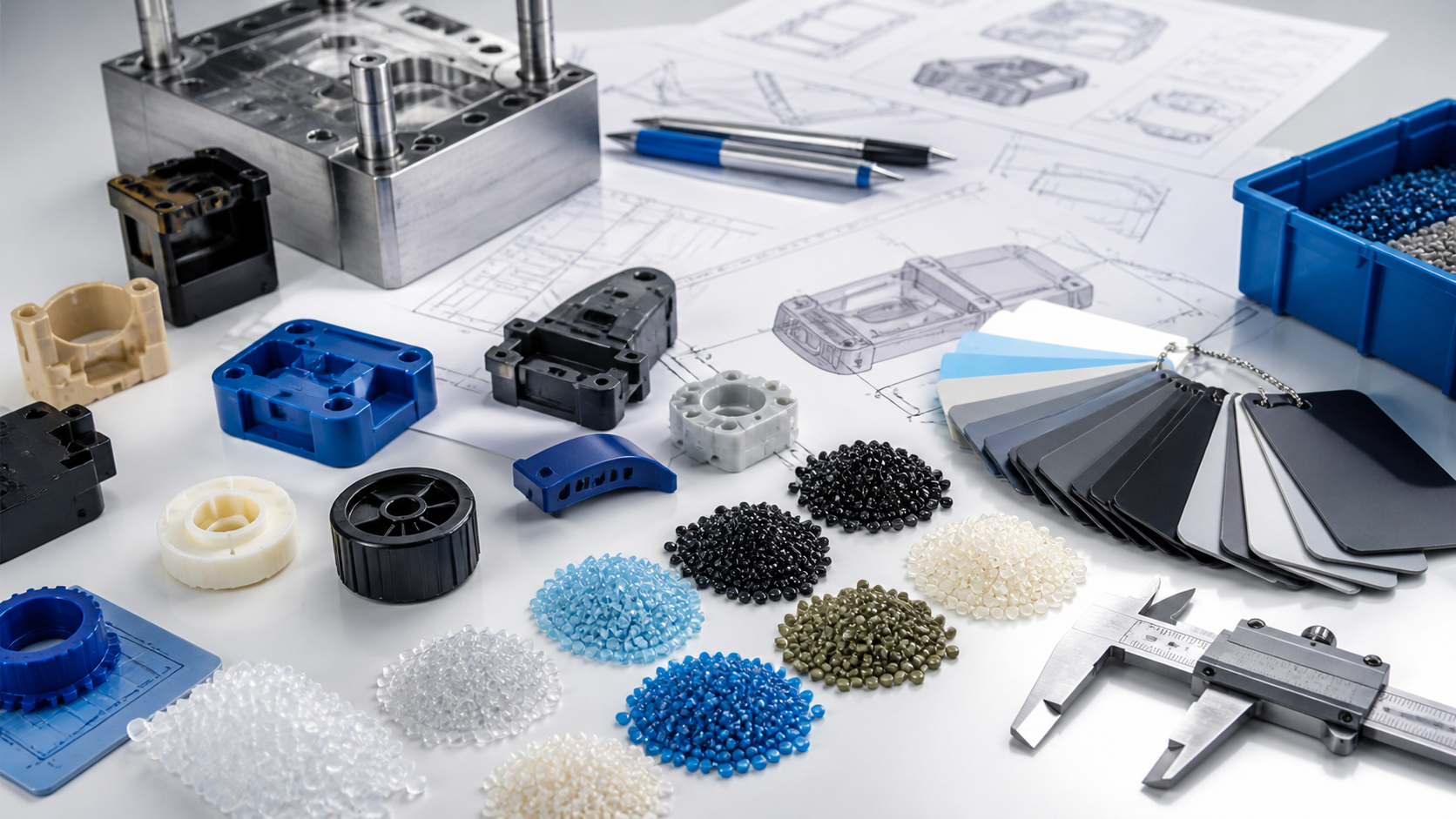 Plastic resin selection for injection mold DFM and RFQ review with molded parts and resin pellets