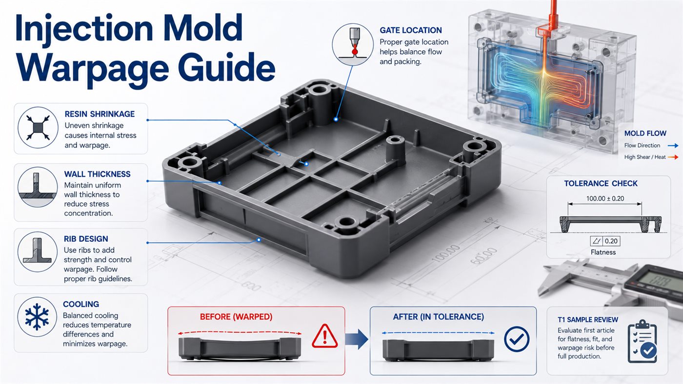 Injection mold warpage guide showing resin shrinkage wall thickness cooling gate location tolerance and T1 sample review